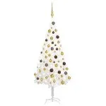 Brad Crăciun pre-iluminat artificial, set globuri, alb, 120 cm