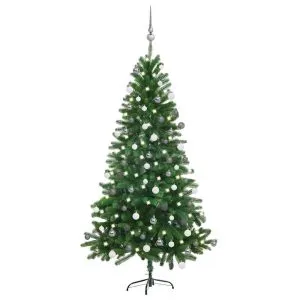 Brad Crăciun pre-iluminat cu set globuri, verde, 150 cm