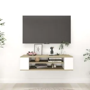 Dulap TV suspendat, alb și stejar Sonoma, 100x30x26,5 cm, PAL