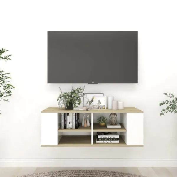 Dulap TV montat pe perete alb&stejar sonoma 102x35x35 cm lemn