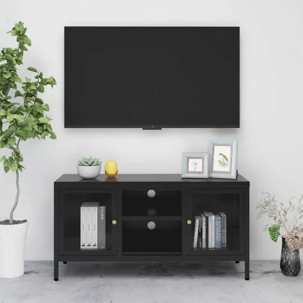 Dulap TV, negru, 105x35x52 cm, oțel și sticlă