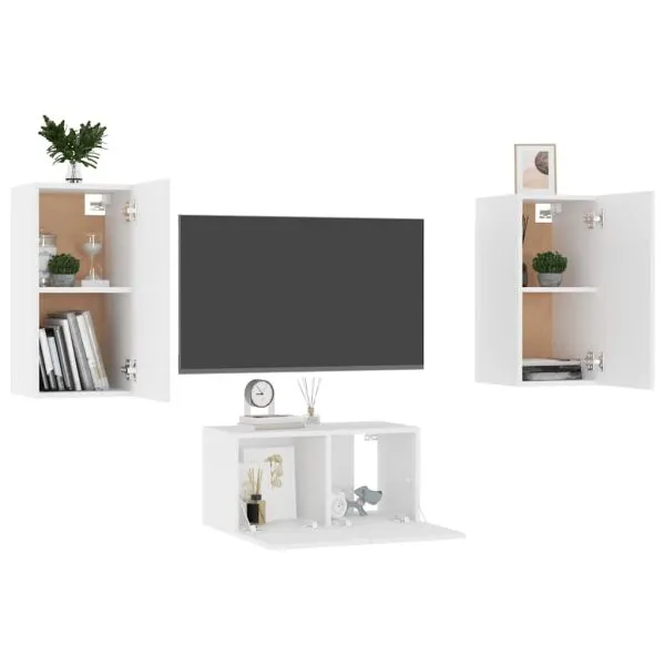 Set dulapuri TV, 3 piese, alb, lemn prelucrat