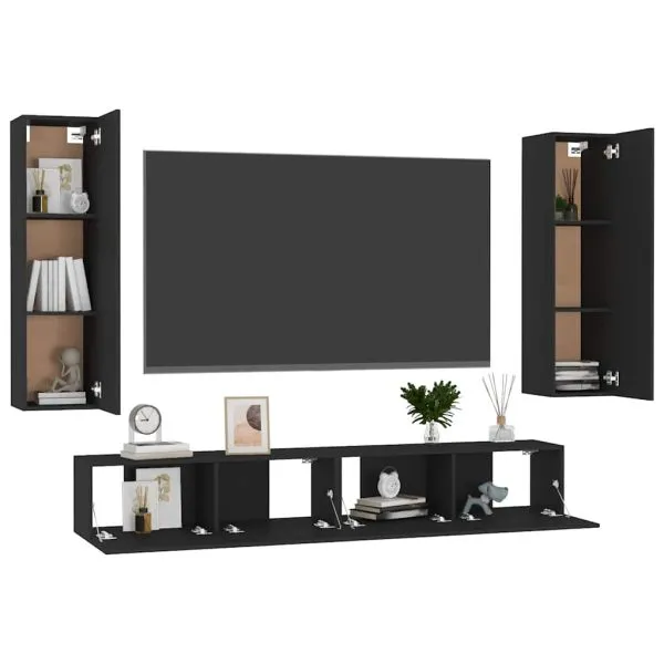 Set dulapuri TV, 4 piese, negru, lemn prelucrat