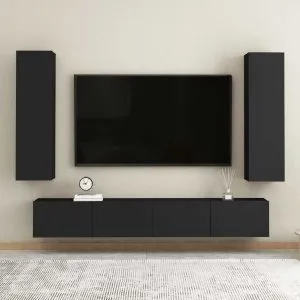 Set dulapuri TV, 4 piese, negru, lemn prelucrat