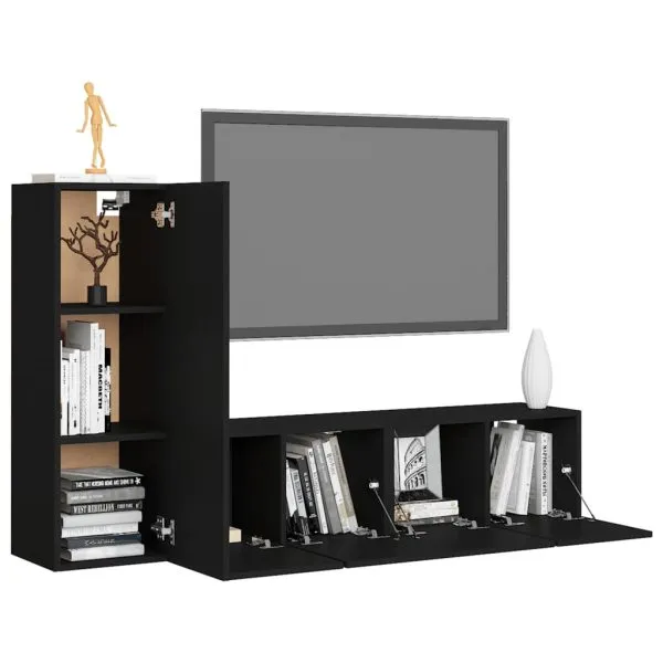 Set dulapuri TV, 3 piese, negru, lemn prelucrat