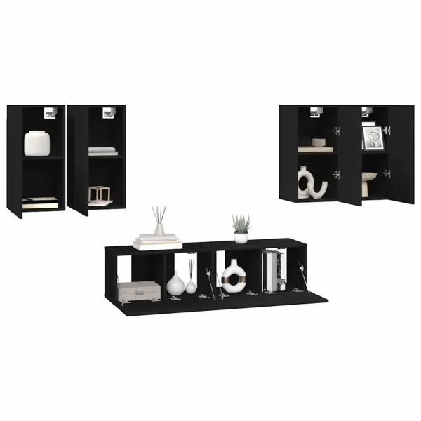 Set dulapuri TV, 6 piese, negru, lemn prelucrat
