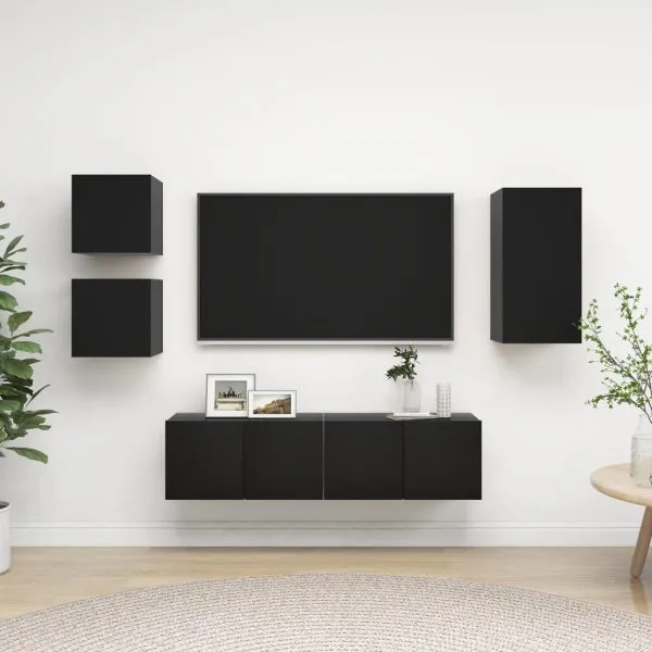 Set dulapuri TV, 5 piese, negru, lemn prelucrat