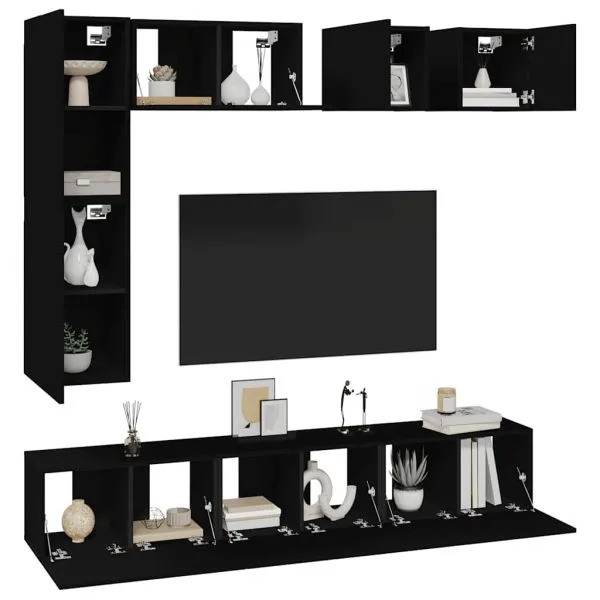 Set dulapuri TV, 8 piese, negru, lemn prelucrat