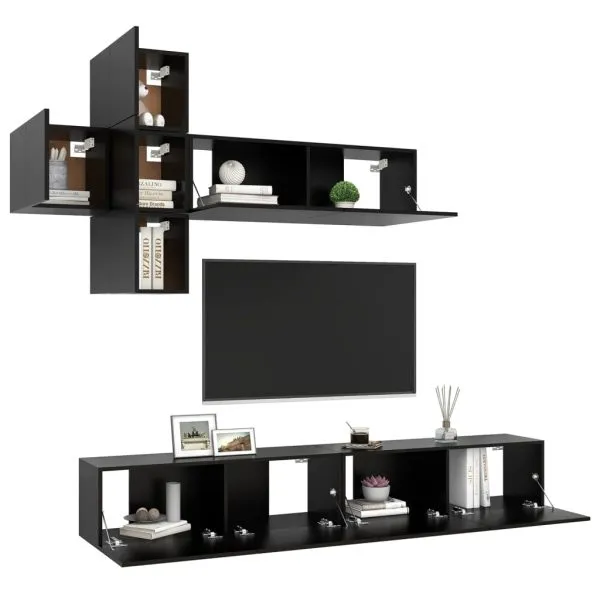 Set comodă TV, 7 piese, negru, lemn prelucrat