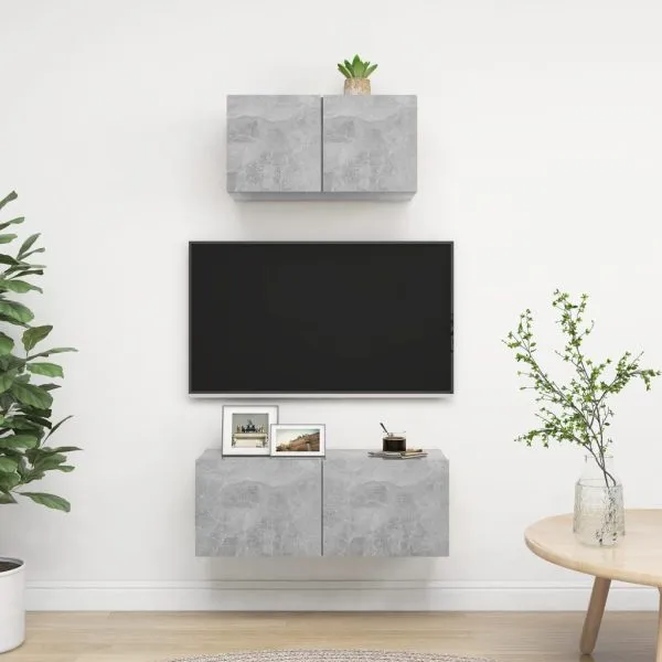 Set de dulapuri TV, 2 piese, gri beton, lemn prelucrat
