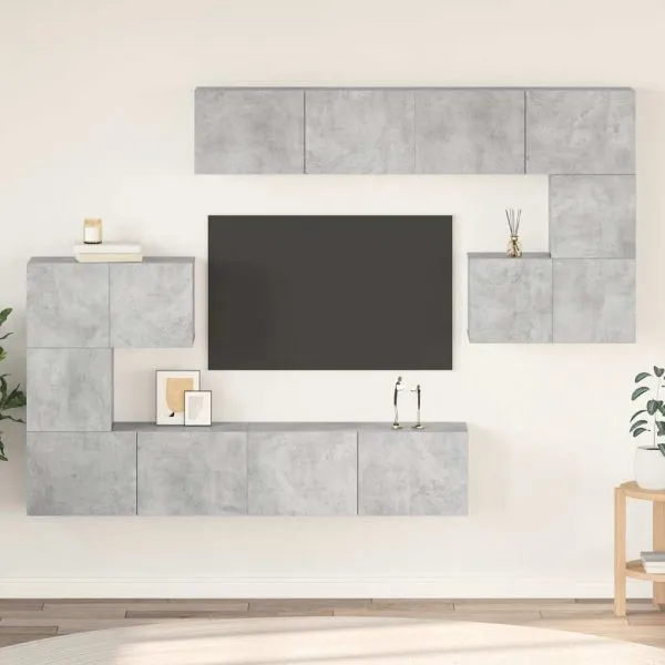 Set de dulapuri TV, 8 piese, gri beton, lemn prelucrat