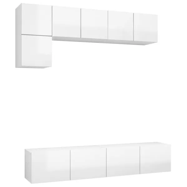 Set de dulapuri TV, 5 piese, alb extralucios, lemn prelucrat