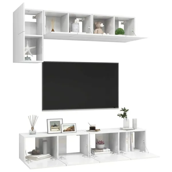 Set de dulapuri TV, 5 piese, alb extralucios, lemn prelucrat