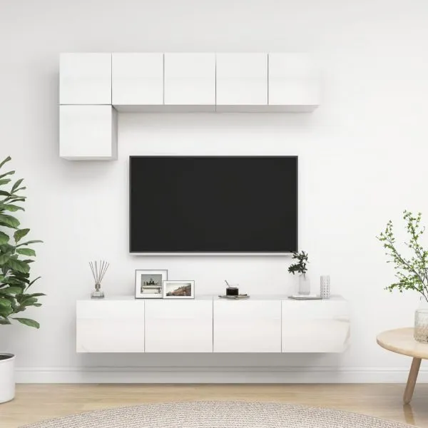 Set de dulapuri TV, 5 piese, alb extralucios, lemn prelucrat