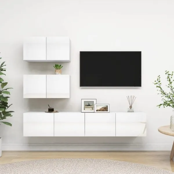 Set de dulapuri TV, 4 piese, alb extralucios, lemn prelucrat