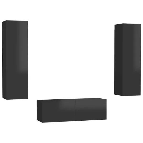 Set de dulapuri TV, 3 piese, negru extralucios, lemn prelucrat