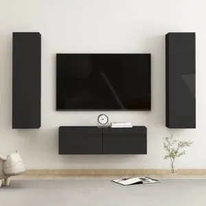 Set de dulapuri TV, 3 piese, negru extralucios, lemn prelucrat