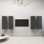 Dulap TV, 4 buc, gri extralucios, 30,5x30x90 cm, lemn prelucrat
