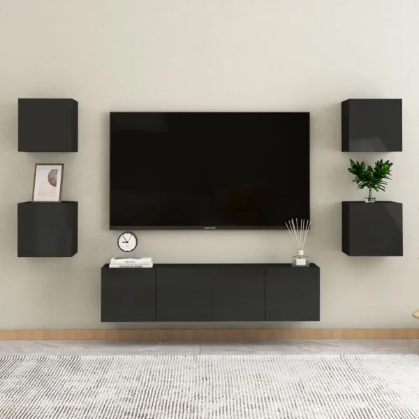 Noptiere, 2 buc., negru extralucios, 30,5x30x30 cm, PAL