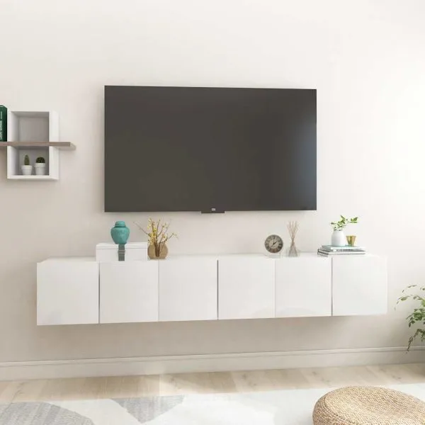 Dulapuri TV suspendate, 3 buc., alb extralucios, 60x30x30 cm