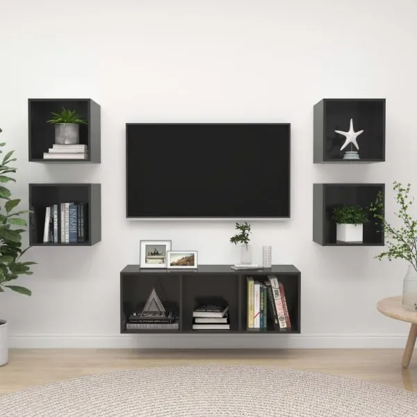 Set de dulapuri TV, 5 piese, gri extralucios, lemn prelucrat