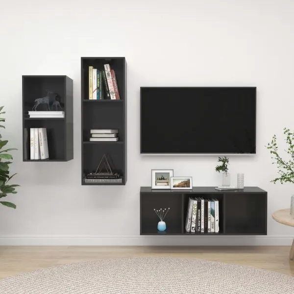 Set de dulapuri TV, 3 piese, gri extralucios, lemn prelucrat