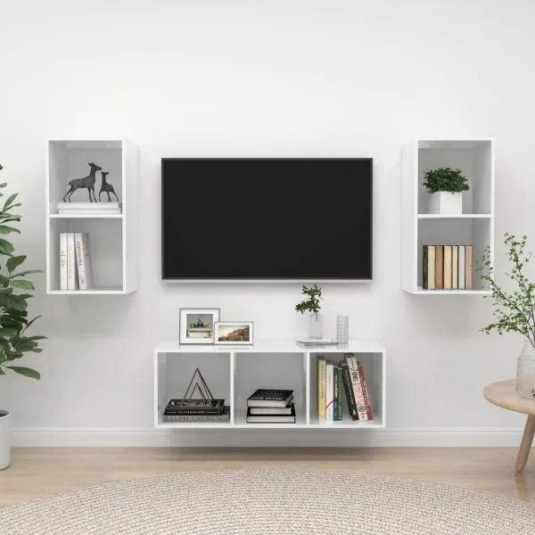 Set de dulap TV, 3 piese, alb extralucios, lemn prelucrat