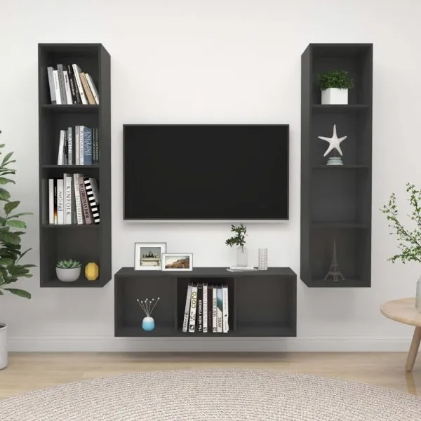 Set de dulapuri TV, 3 piese, gri, lemn prelucrat
