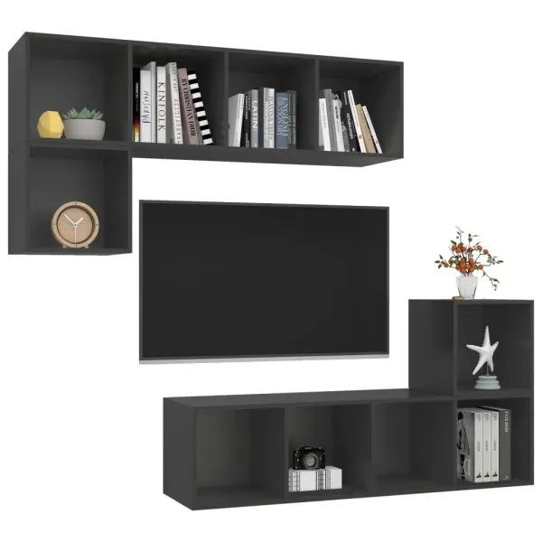 Set de dulapuri TV, 4 piese, gri, lemn prelucrat