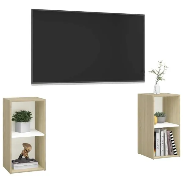 Dulap TV 2 buc alb/stejar Sonoma 72x35x36,5 cm, lemn prelucrat