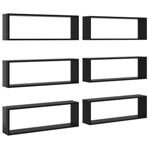 Rafturi de perete cub 6 buc negru extralucios 80x15x26,5 cm PAL