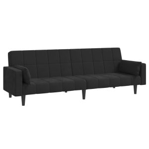 Canapea extensibilă cu 2 locuri, 2 perne, negru, catifea