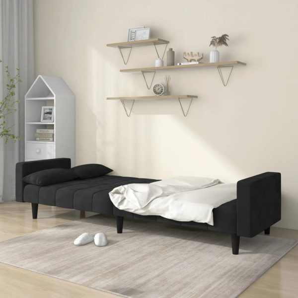 Canapea extensibilă cu 2 locuri, 2 perne, negru, catifea