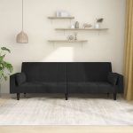 Canapea extensibilă cu 2 locuri, 2 perne, negru, catifea