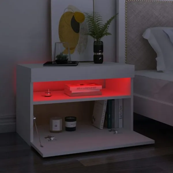 Noptiere cu lumini LED, 2 buc., alb, 60x35x40cm, lemn prelucrat