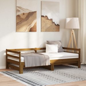 Pat extensibil de zi maro miere 2x(90x200) cm lemn masiv pin