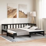 Pat extensibil de zi, negru, 2x(90×200) cm, lemn masiv de pin