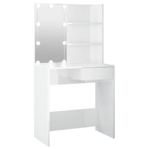 Masă de toaletă cu LED, alb extralucios, 74,5x40x141 cm