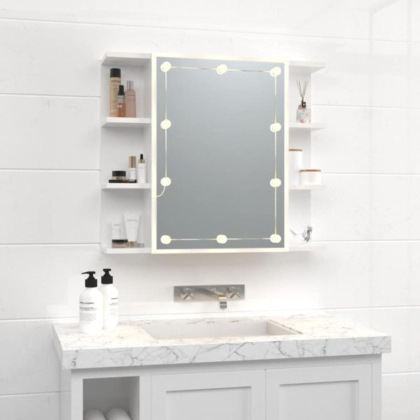 Dulap cu oglindă și LED, alb extralucios, 70×16,5×60 cm