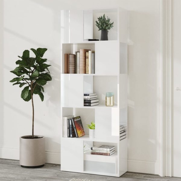 Bibliotecă/Separator cameră, alb extralucios, 60x24x155 cm