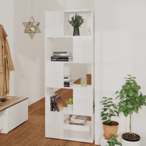 Bibliotecă/Separator cameră, alb extralucios, 60x24x155 cm