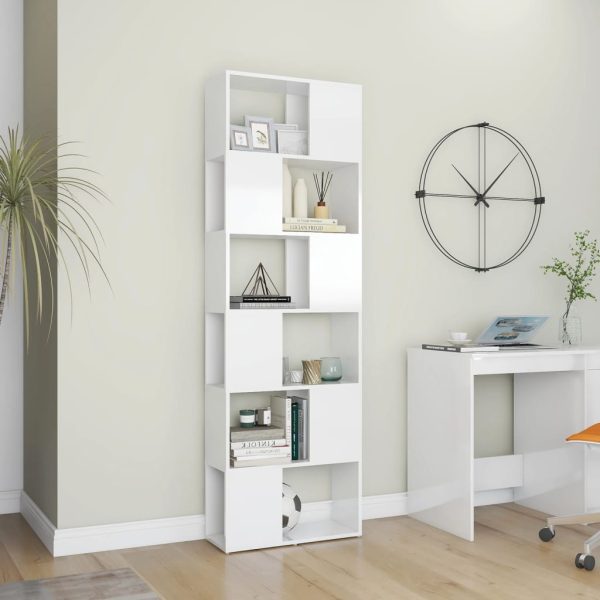 Bibliotecă/Separator cameră, alb extralucios, 60x24x186 cm