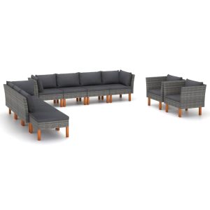 Set mobilier grădină, 10 piese, gri, poliratan și lemn eucalipt