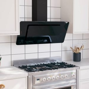 Hotă de perete negru 90 cm oțel inoxidabil și sticlă securizată