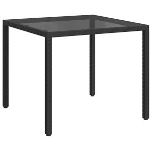 Masă grădină, negru, 90x90x75 cm,sticlă securizată și poliratan