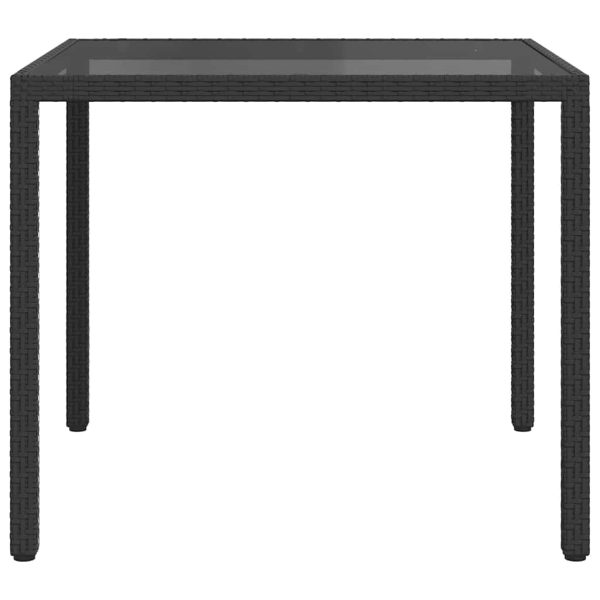 Masă grădină, negru, 90x90x75 cm,sticlă securizată și poliratan