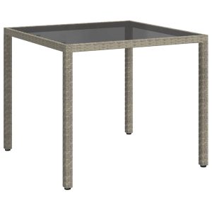 Masă grădină, gri, 90x90x75 cm, sticlă securizată și poliratan