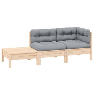 Set mobilier grădină cu perne, 3 piese, gri, lemn masiv pin