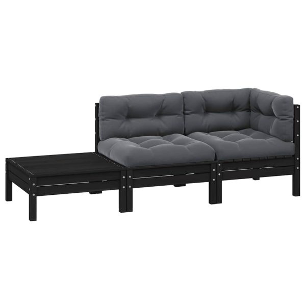 Set mobilier grădină cu perne, 3 piese, negru, lemn masiv pin