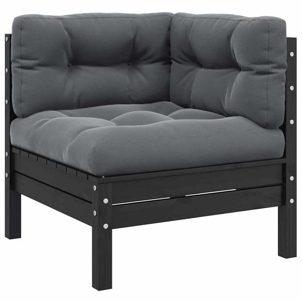 Set mobilier grădină cu perne, 3 piese, negru, lemn masiv pin